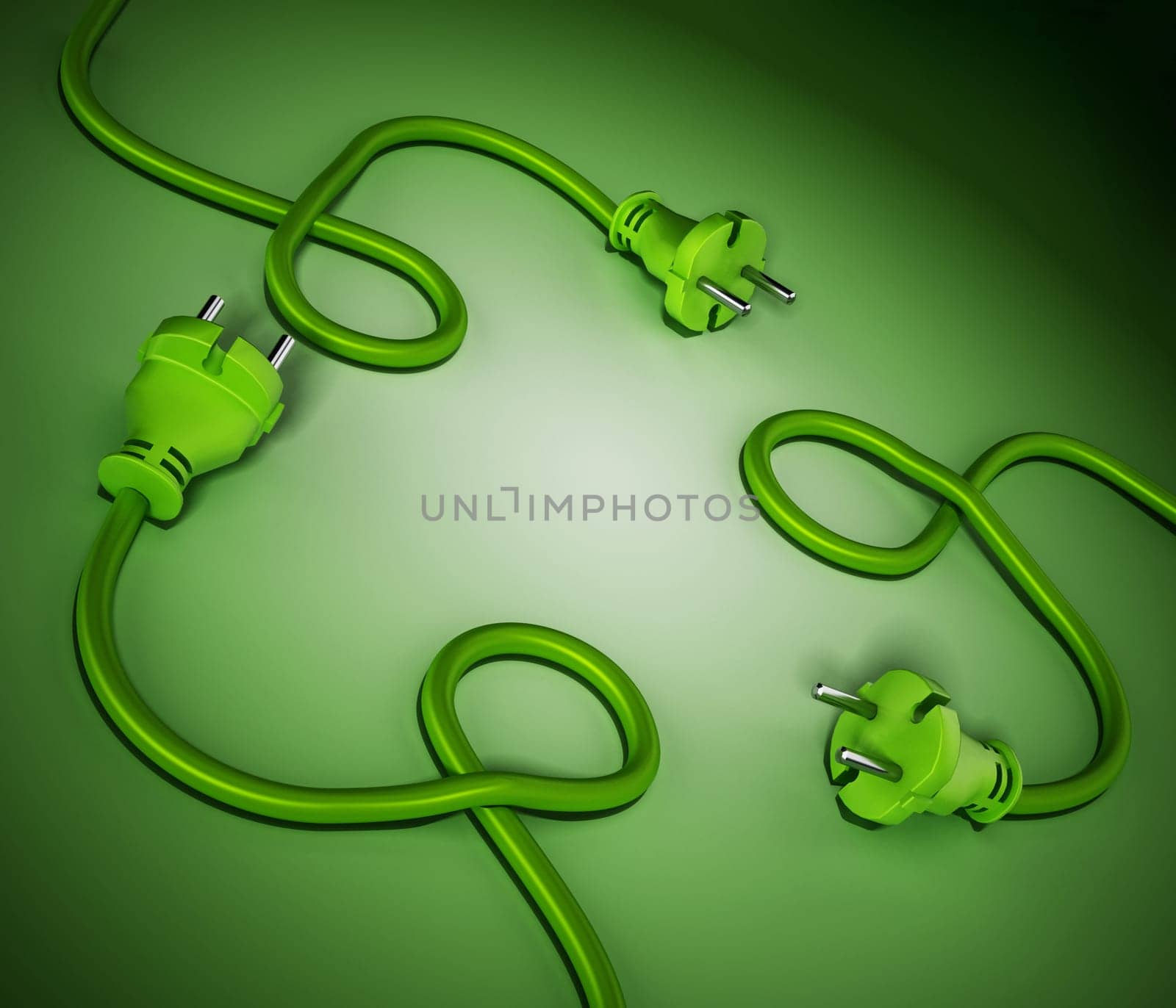 Electric plug and cables forming a recycle symbol. 3D illustration.