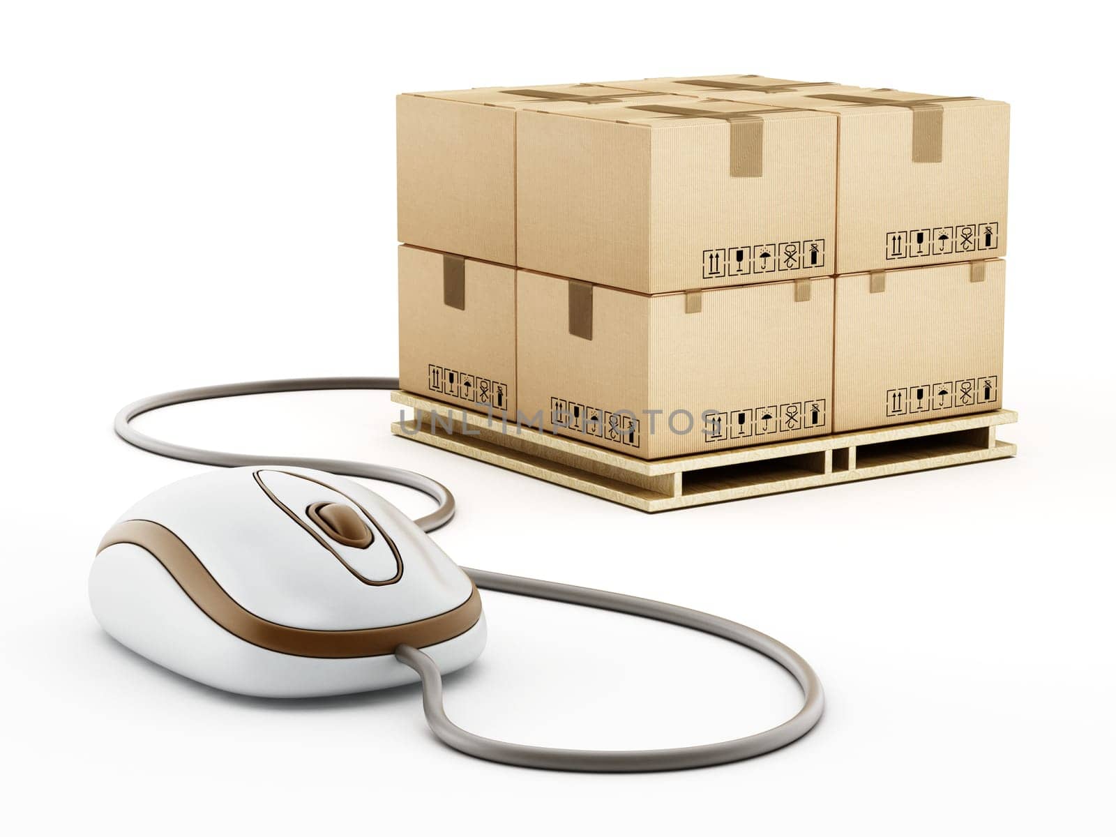 Cable mouse connected to cargo boxes isolated on white background. 3D illustration.