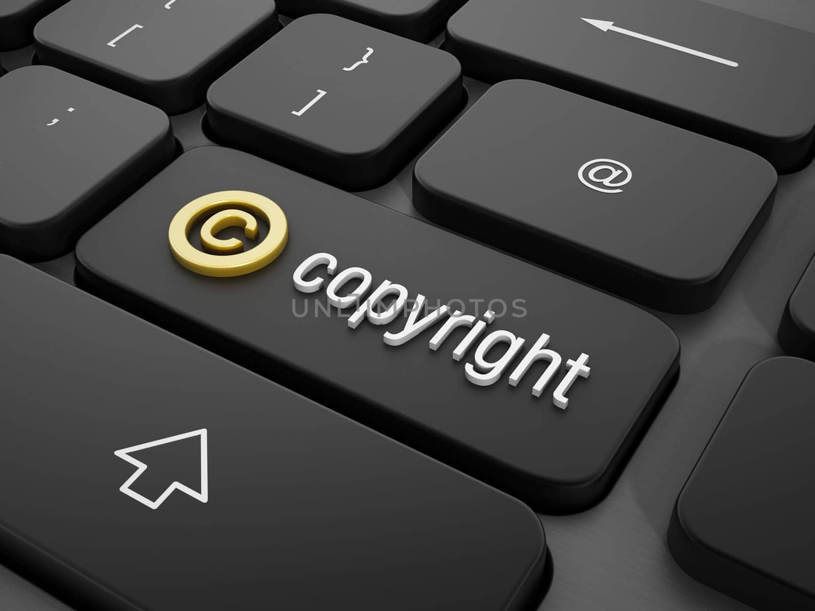 Copyright symbol and text on keyboard key. 3D illustration.