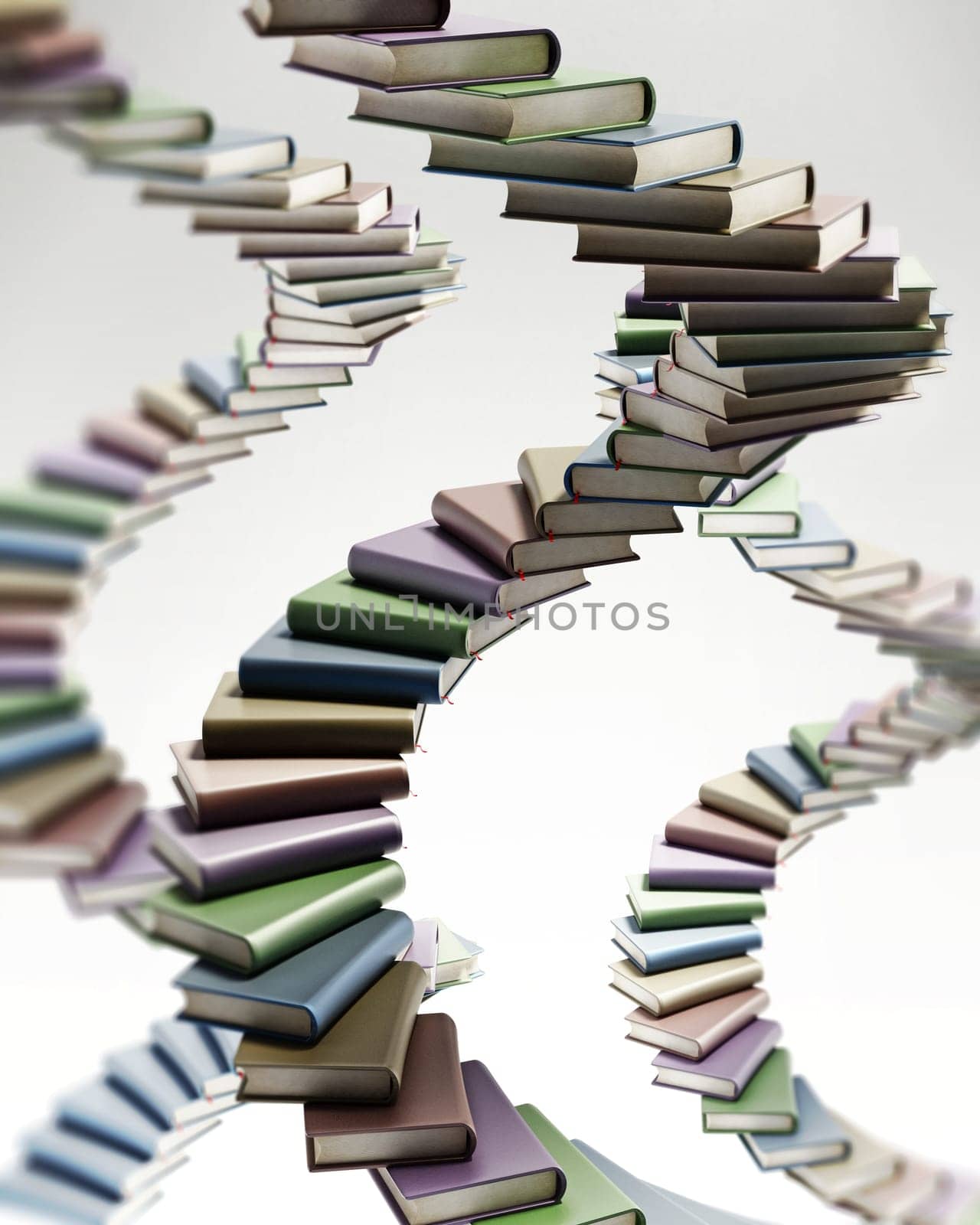 Spiral staircase shaped multi colored books. 3D illustration.