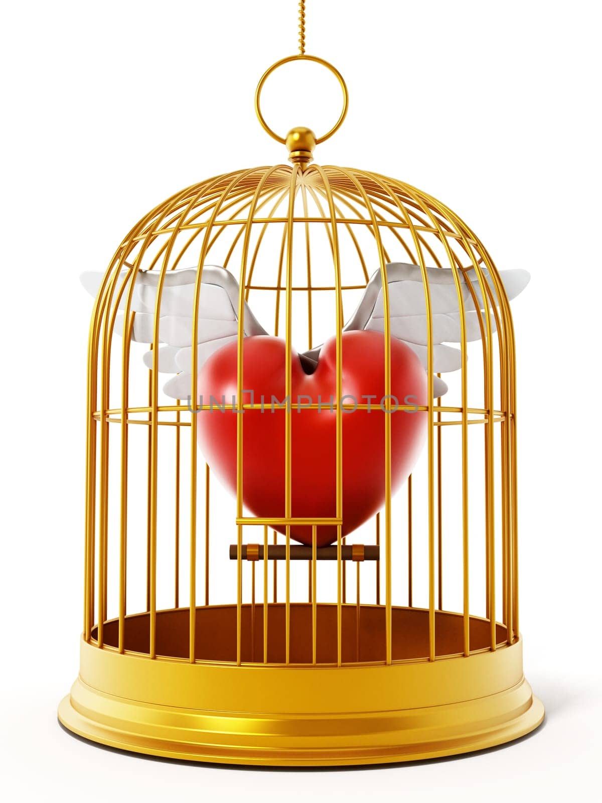 Gold bird cage with winged heart isolated on white background. 3D illustration.