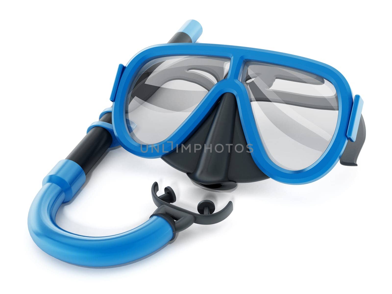 Snorkel and diving mask isolated on white background. 3D illustration.
