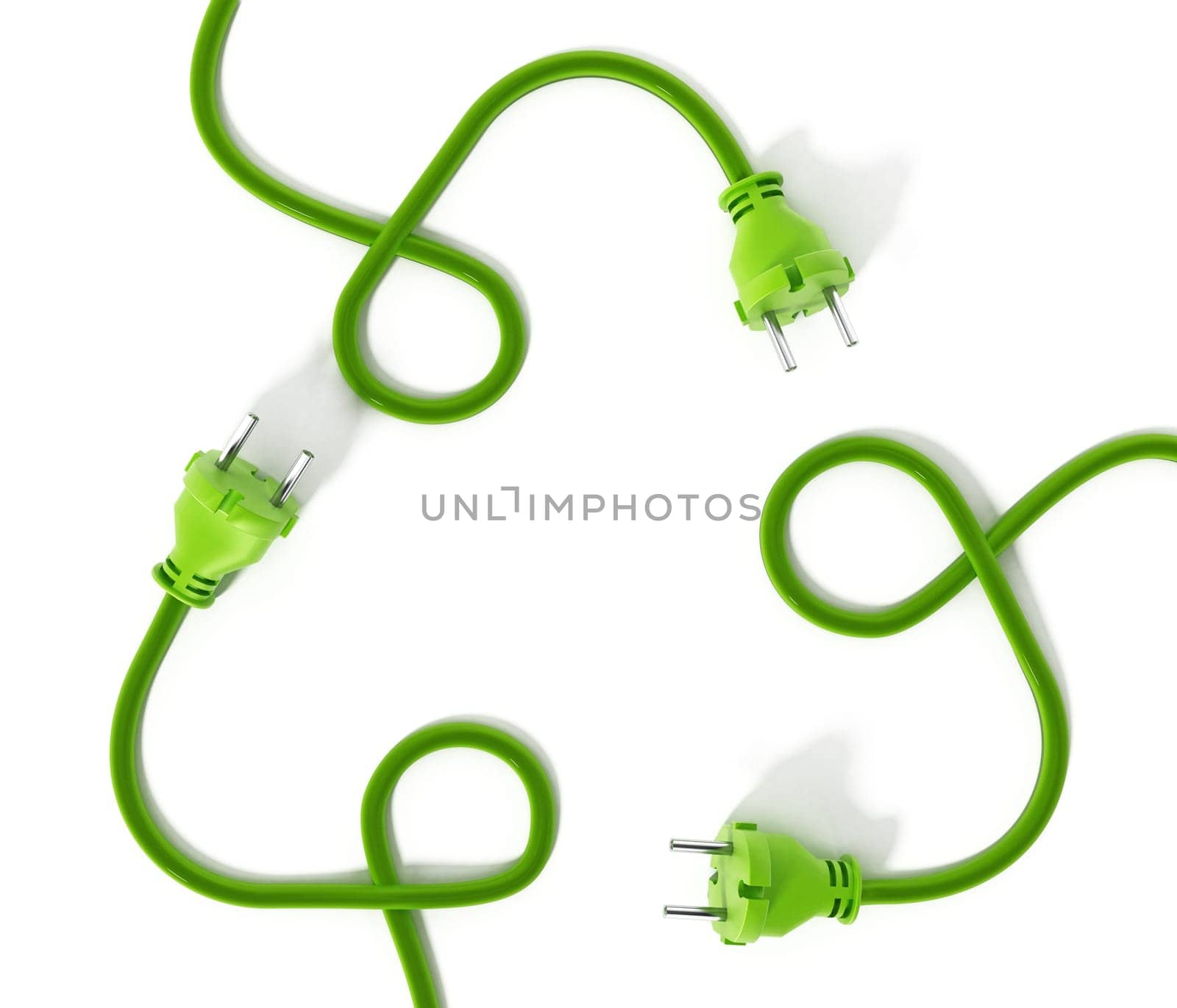 Electric plug and cables forming a recycle symbol. 3D illustration.