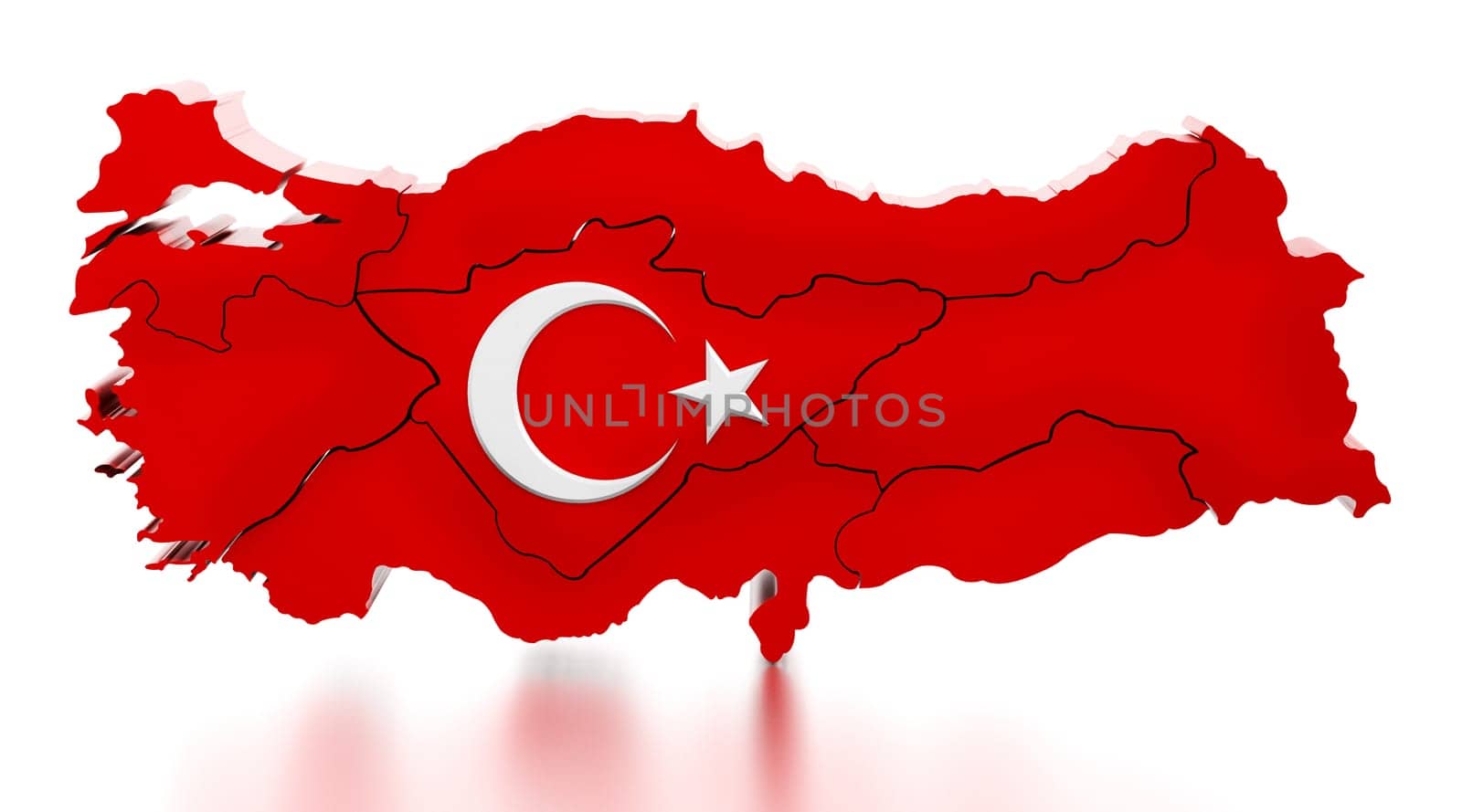 Map of Turkey covered with Turkish flag texture. 3D illustration.