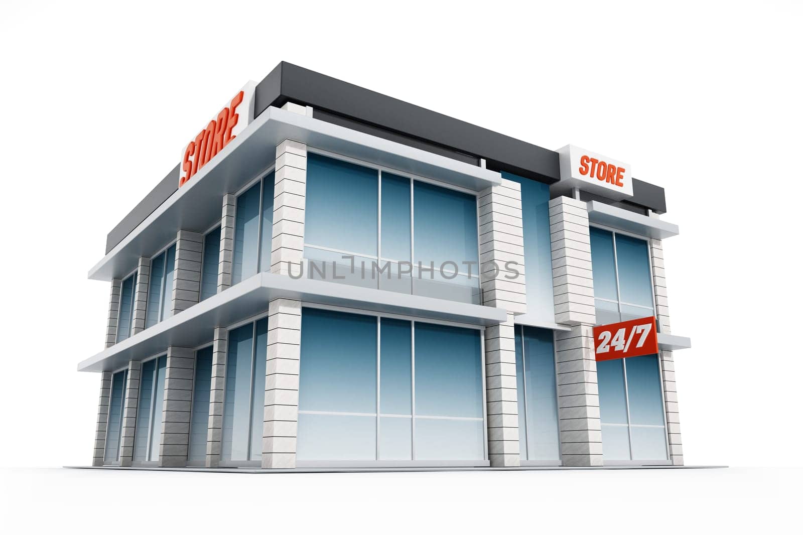 Generic store front isolated on white background. 3D illustration.