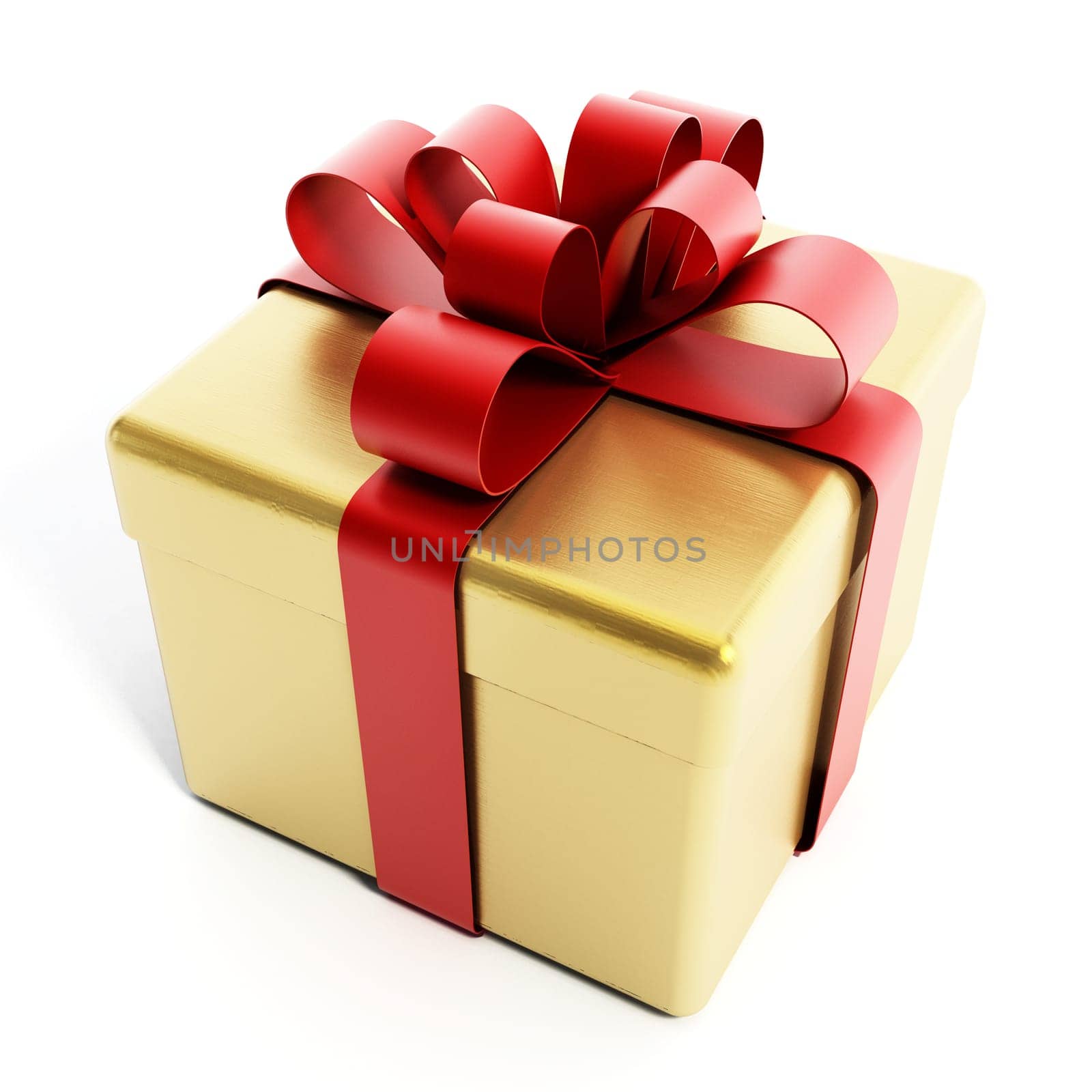 Gold giftbox with red ribbon. 3D illustration.