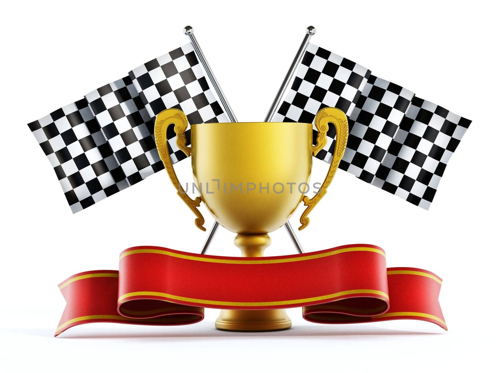 Gold cup, checkered flags and red ribbon. 3D illustration.