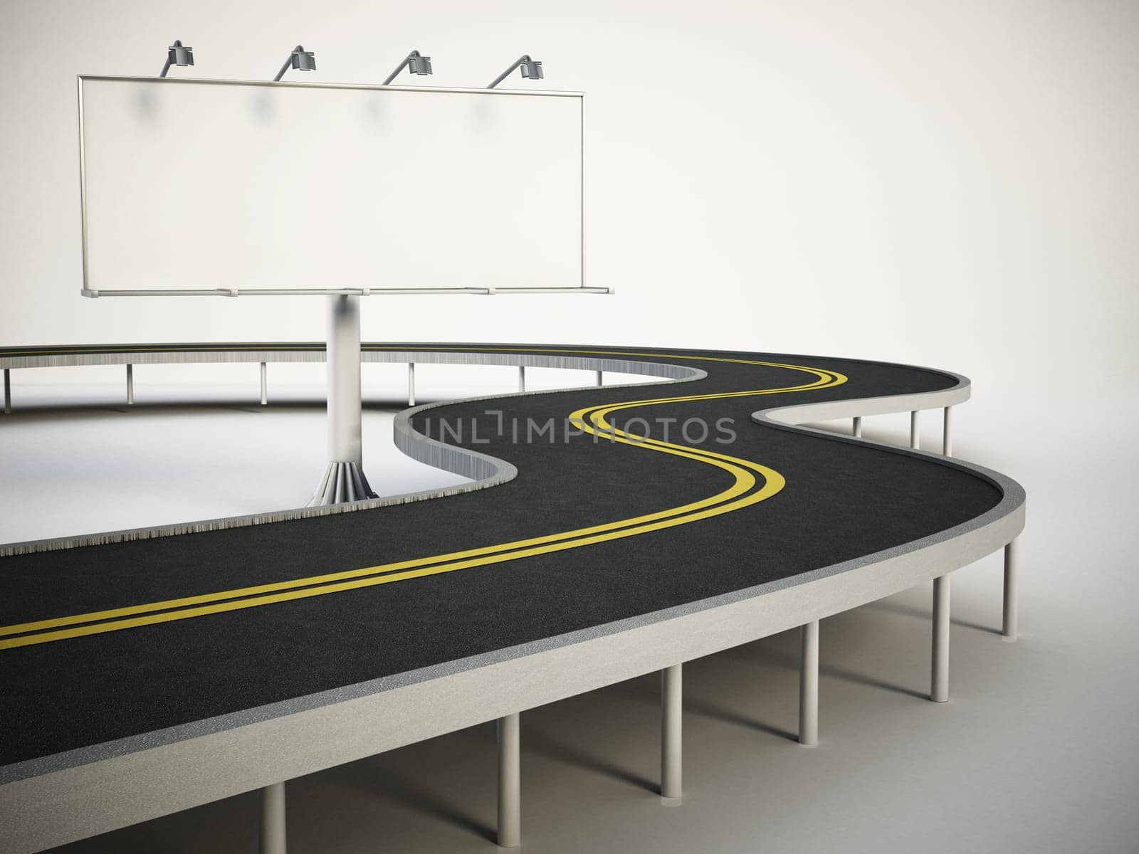 Blank billboard standing next to highway. 3D illustration.