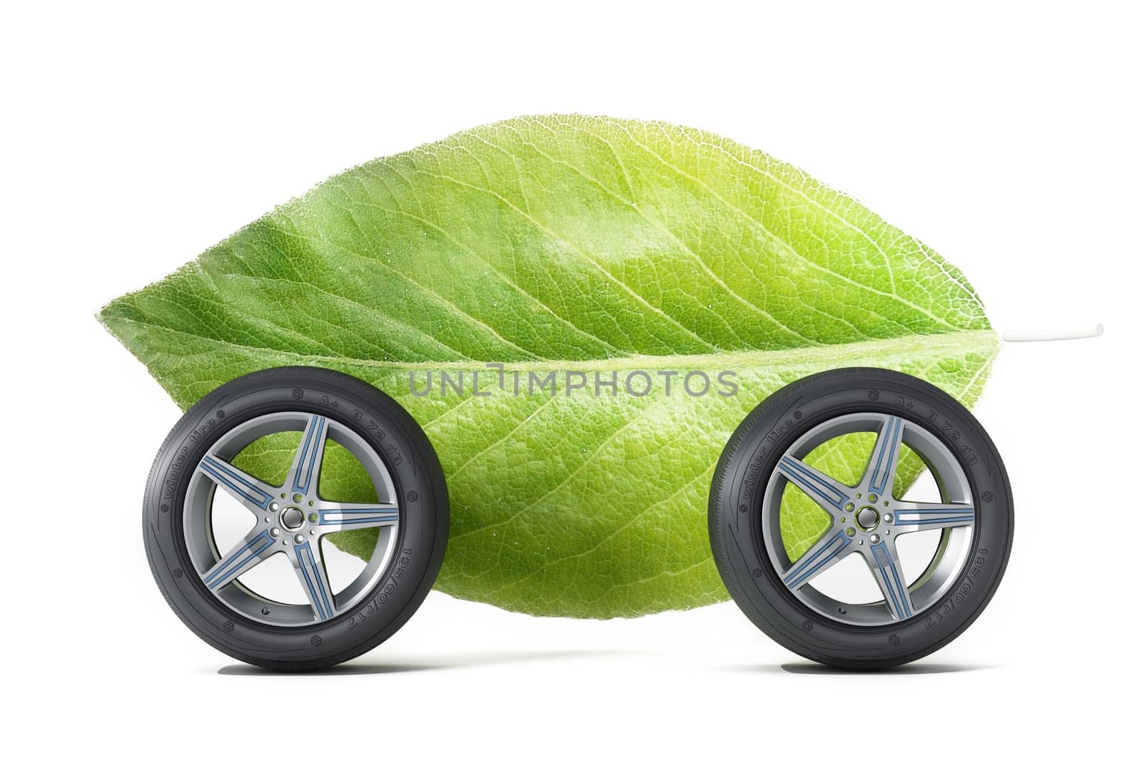 Green leaf with four wheels. 3D illustration.
