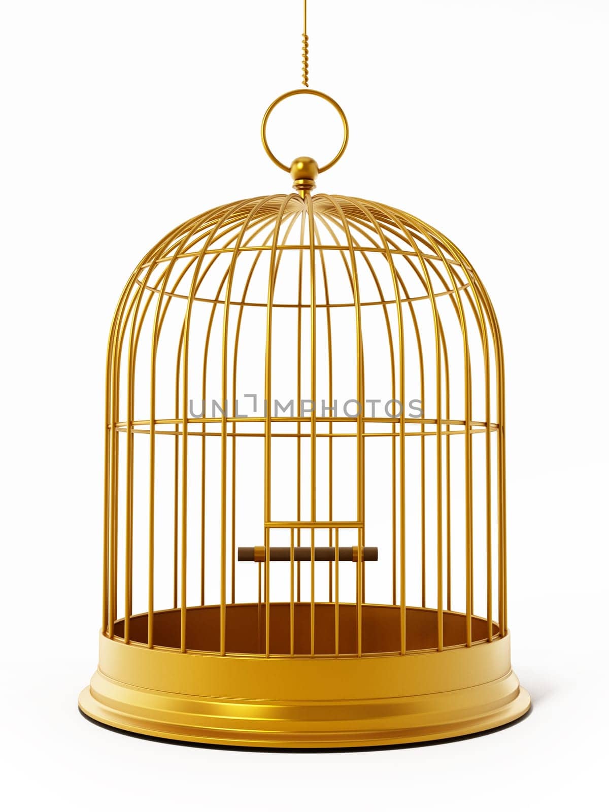 Gold bird cage isolated on white background. 3D illustration.