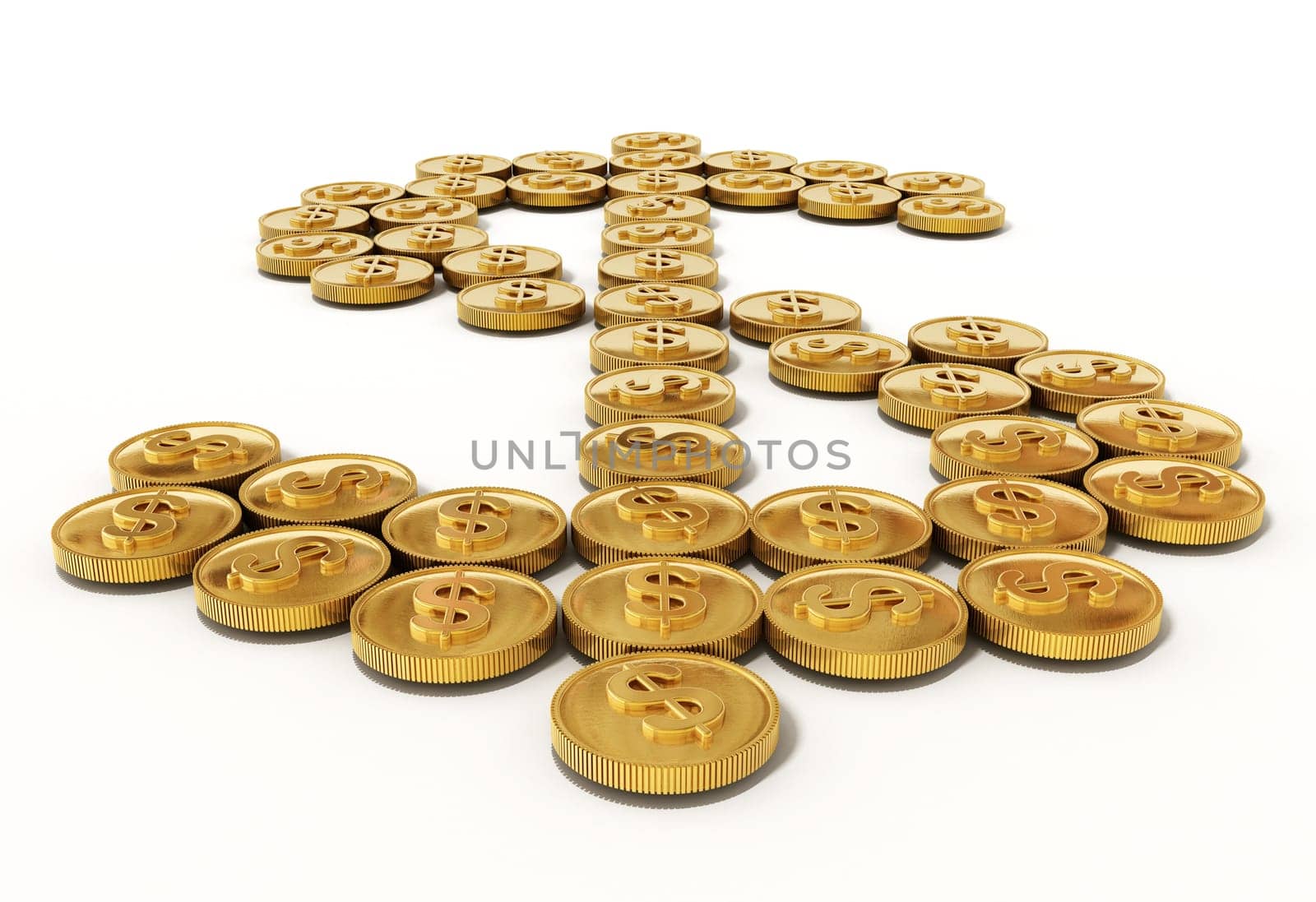Gold coins forming dollar symbol. 3D illustration.