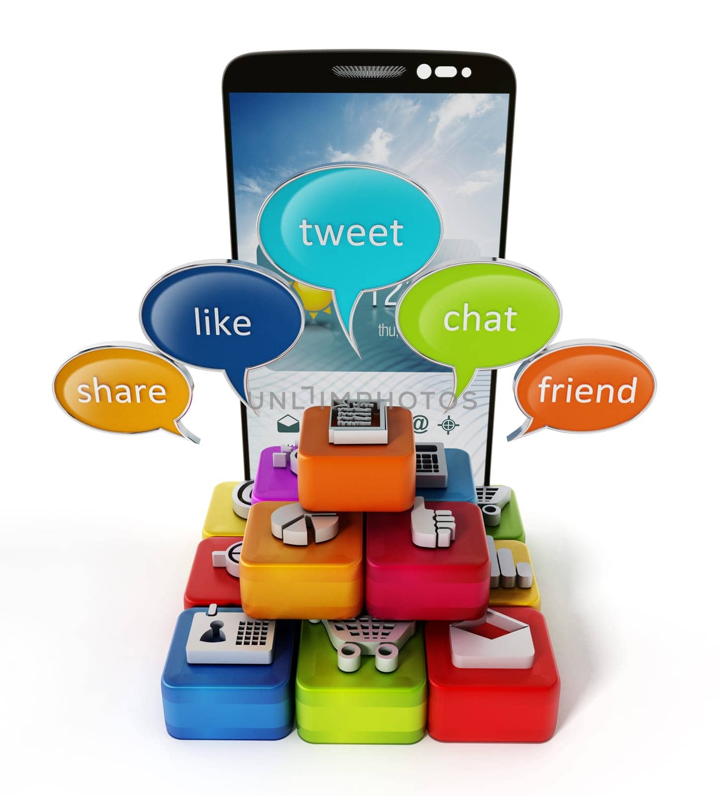 Speech balloons and application software cubes on smartphone. 3D illustration.
