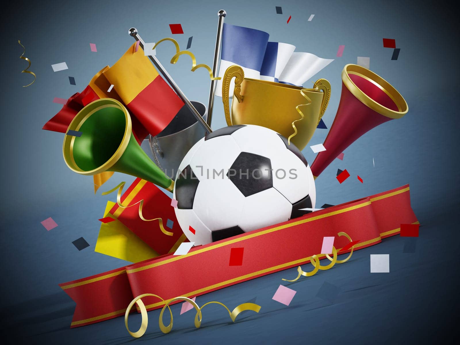 Soccer ball, flags, red ribbon and trumpets. 3D illustration