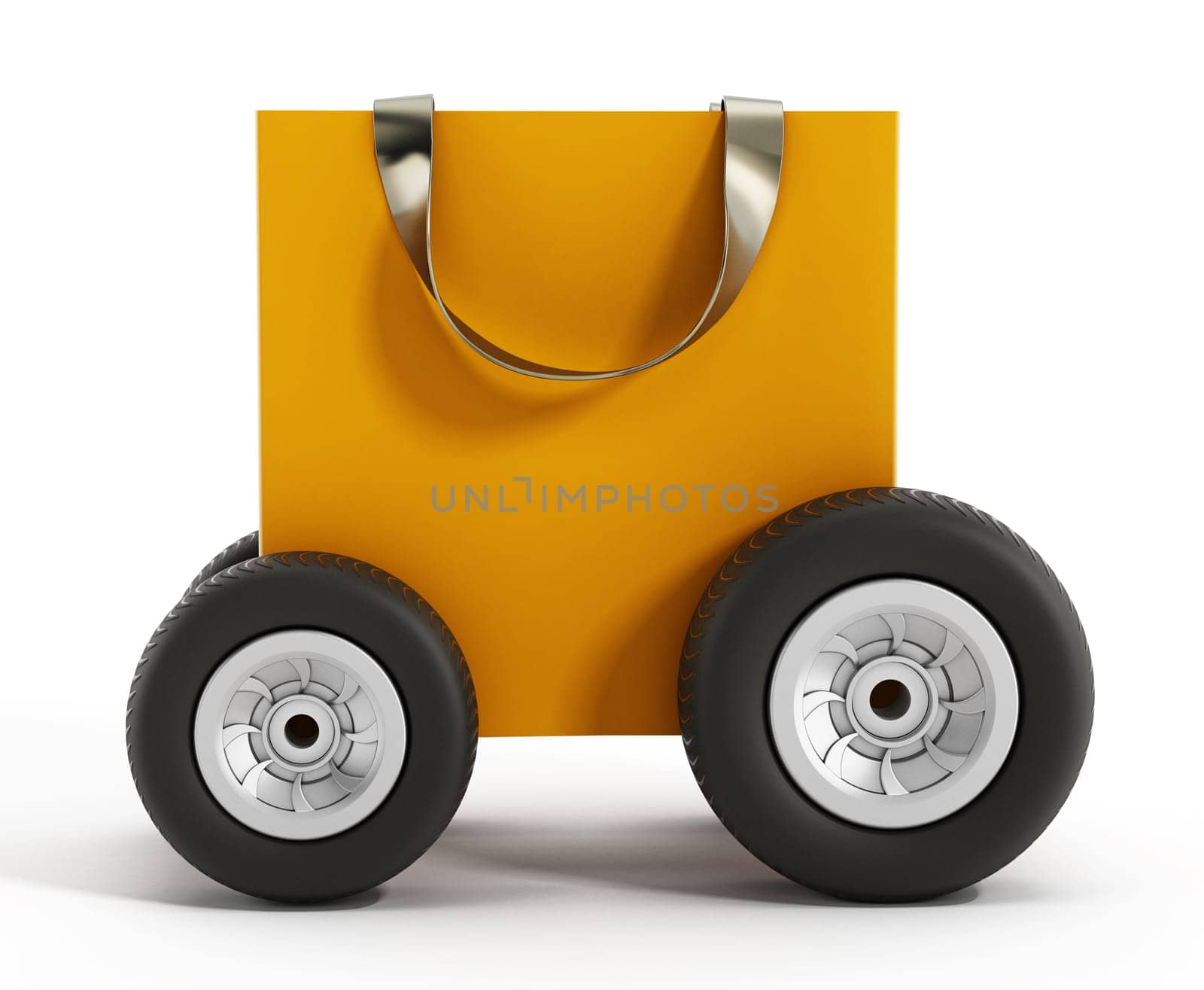 Shopping bag with wheels. Speed delivery concept. 3D illustration.