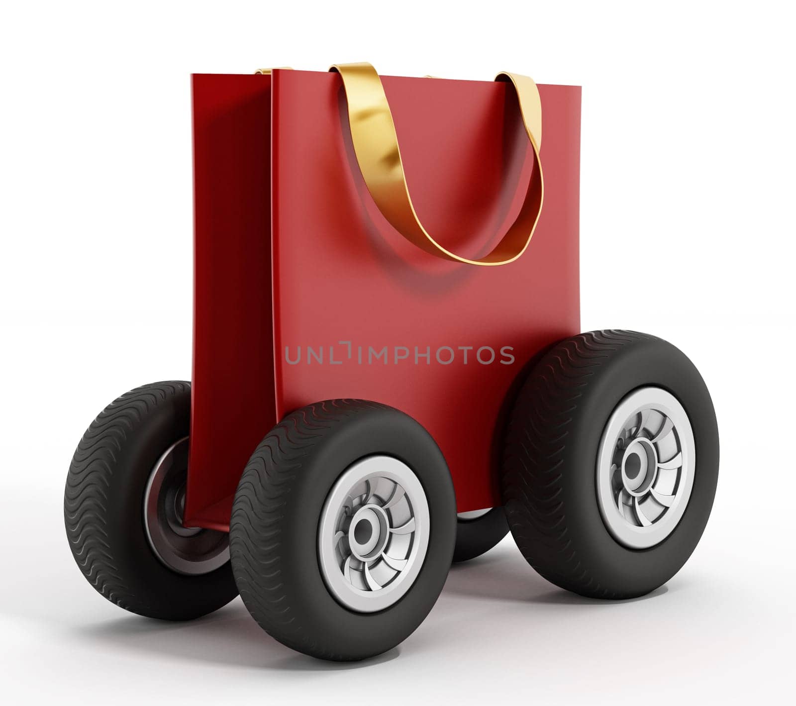Shopping bag with wheels. Speed delivery concept. 3D illustration.