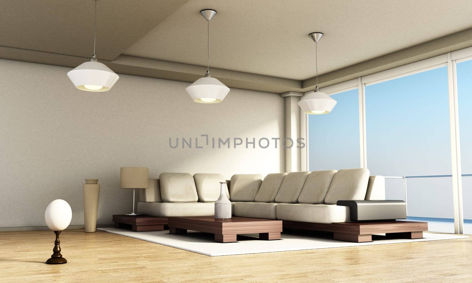 Modern room interior with large windows and parquet floor. 3D illustration.