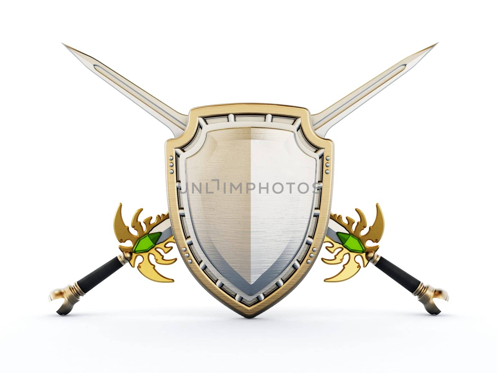 Shield and crossed swords isolated on white background. 3D illustration.