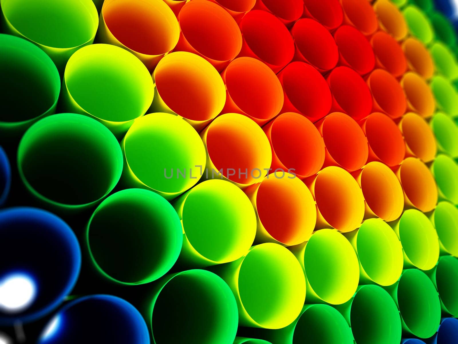 Multi colored plastic tubes background. 3D illustration.