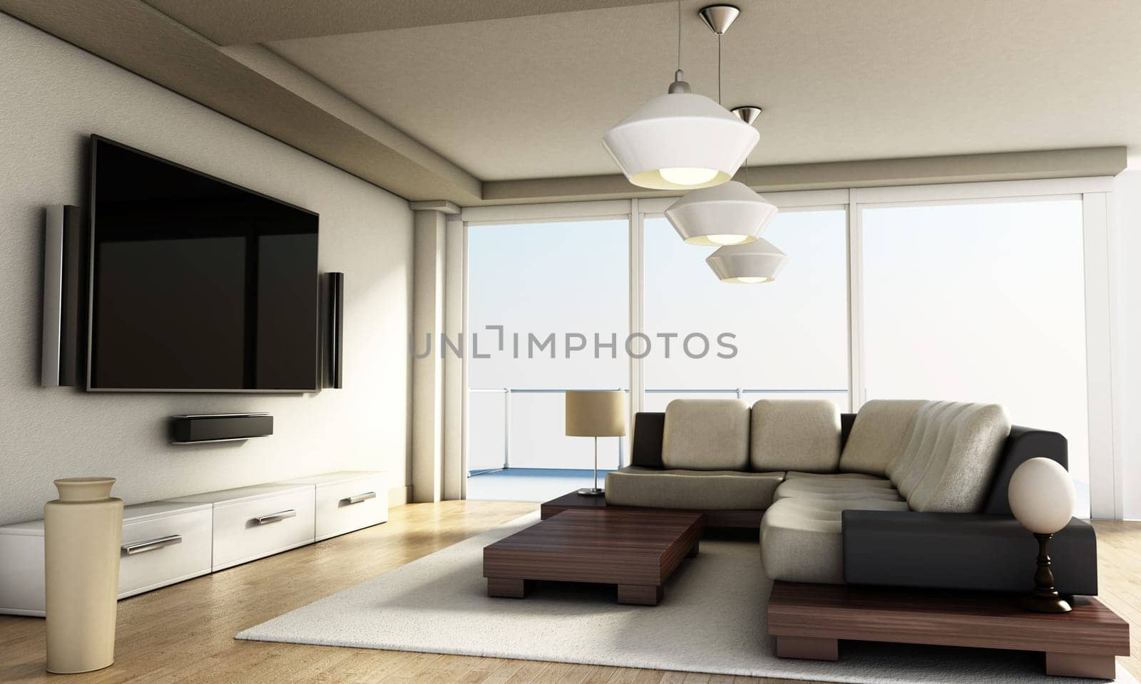 Modern 4K smart TV room with large windows and parquet floor. 3D illustration.