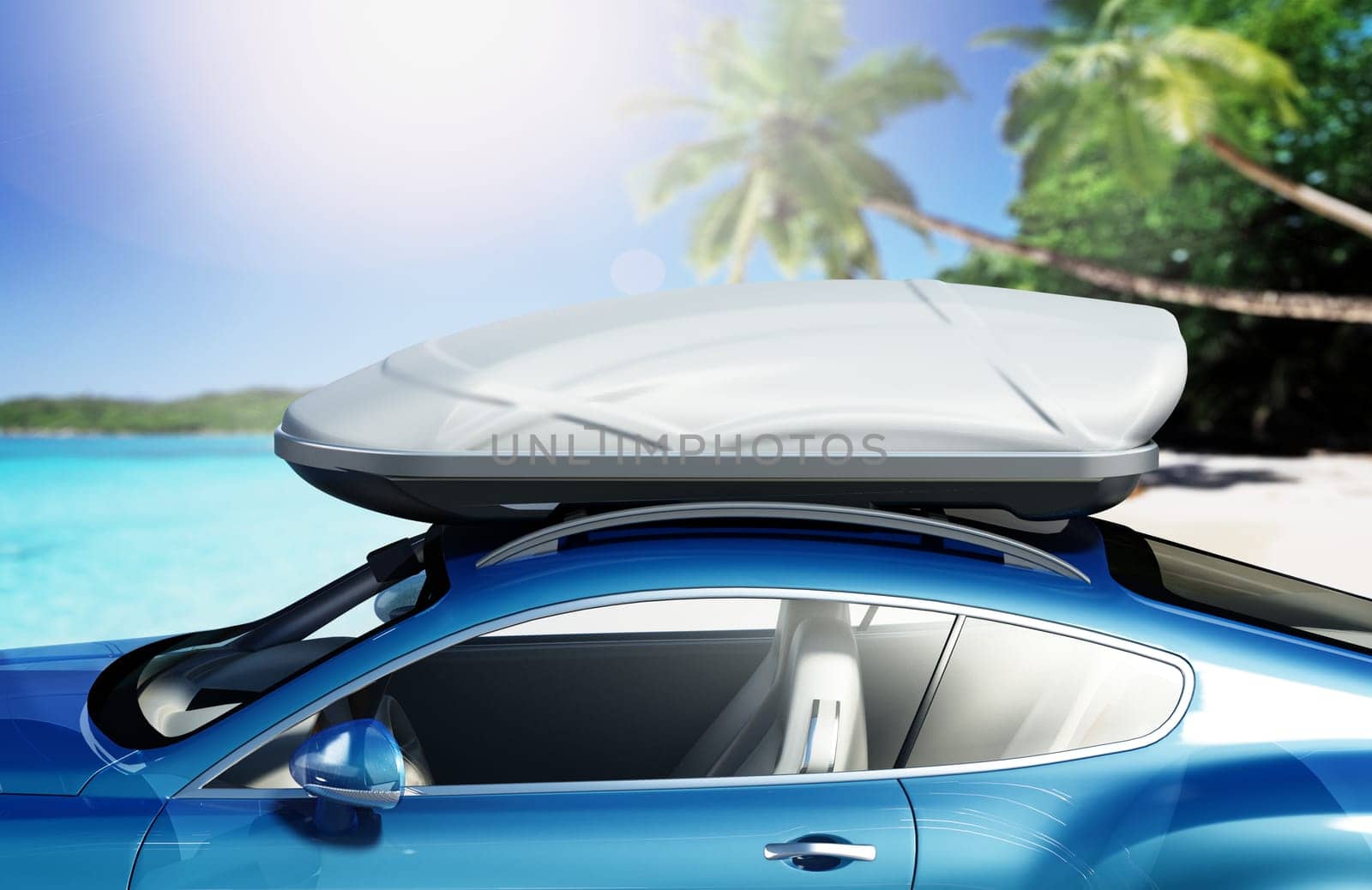 Car with roof rack near seashore. 3D illustration.