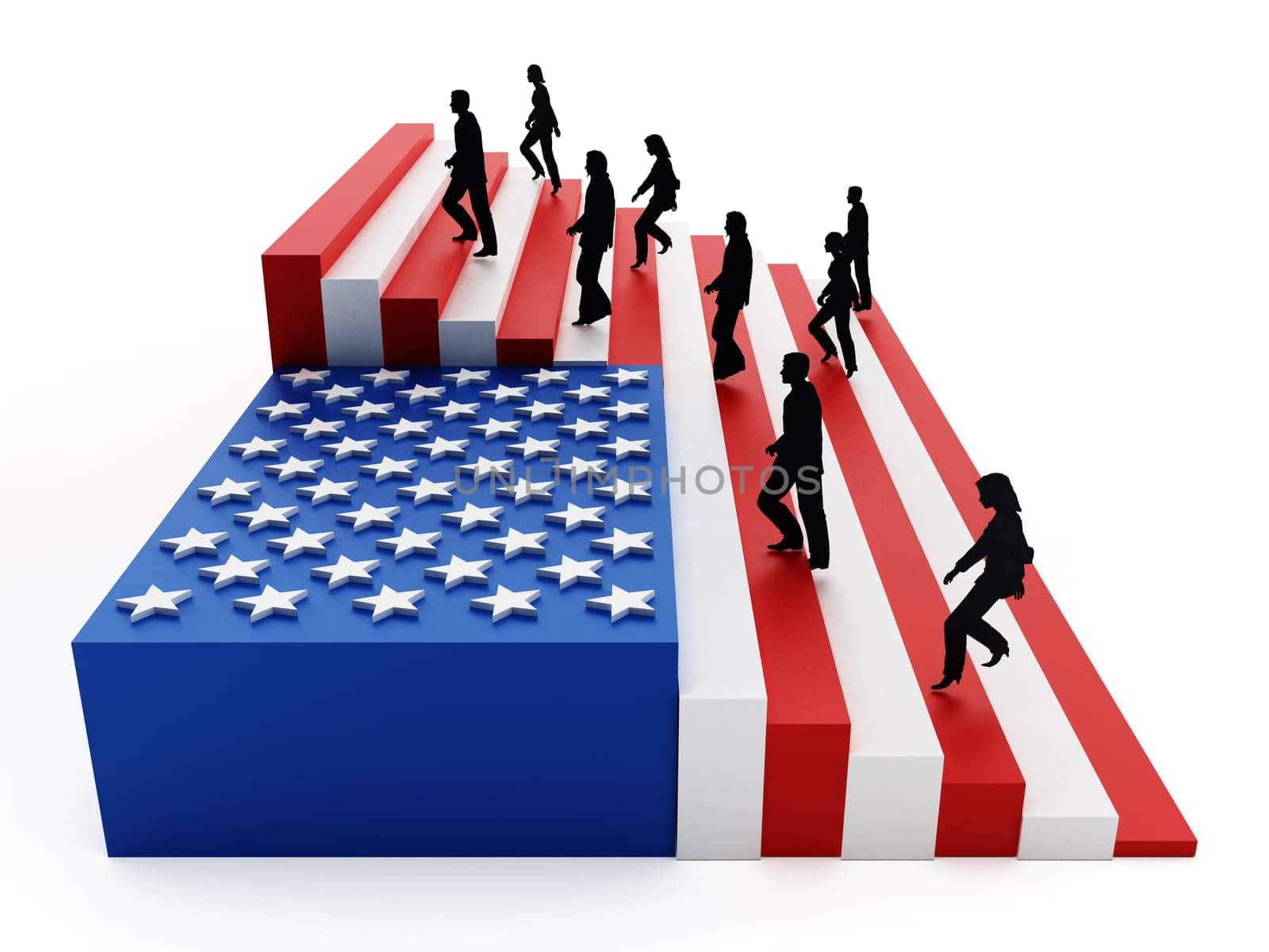 American flag with stripes arranged as ladders. 3D illustration.