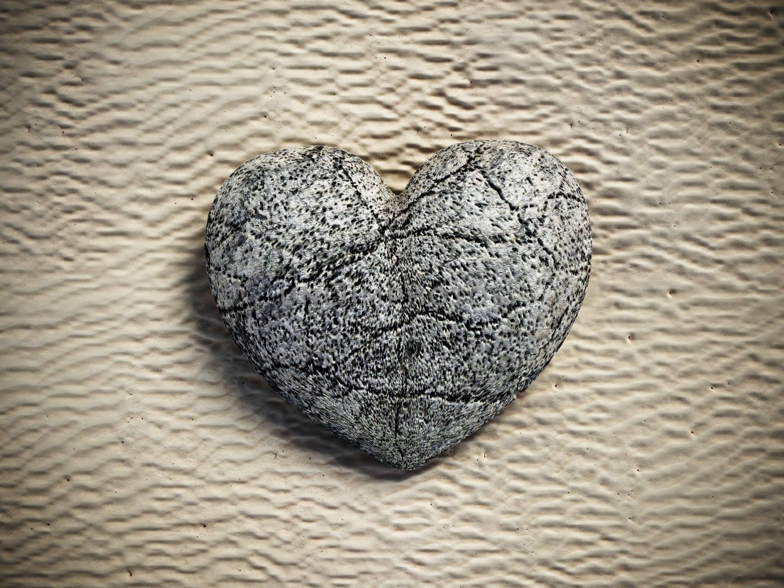 Stone heart standing on beach sand. 3D illustration.