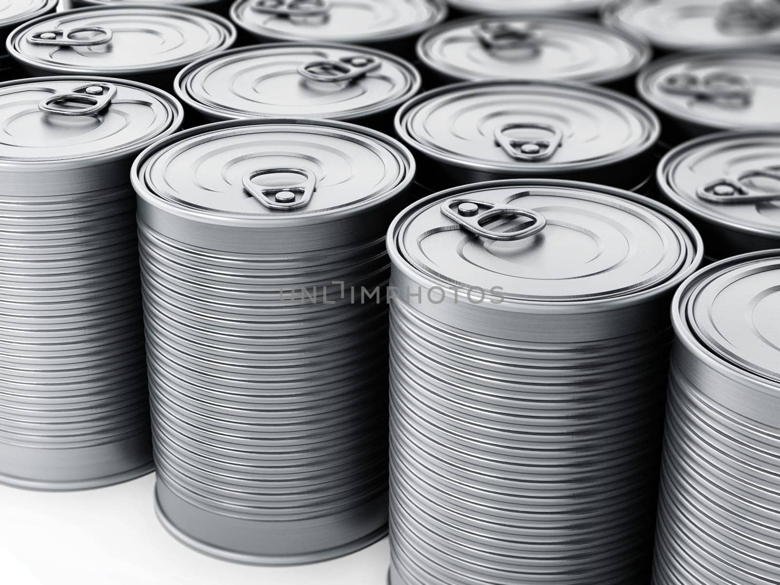 Stacked tin cans isolated on white background. 3D illustration.