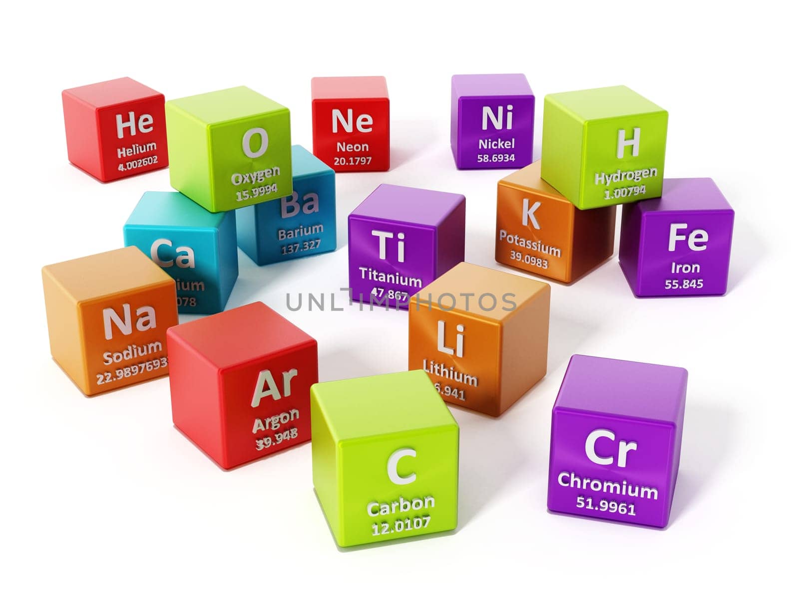 Periodic table elements isolated on white background. 3D illustration.
