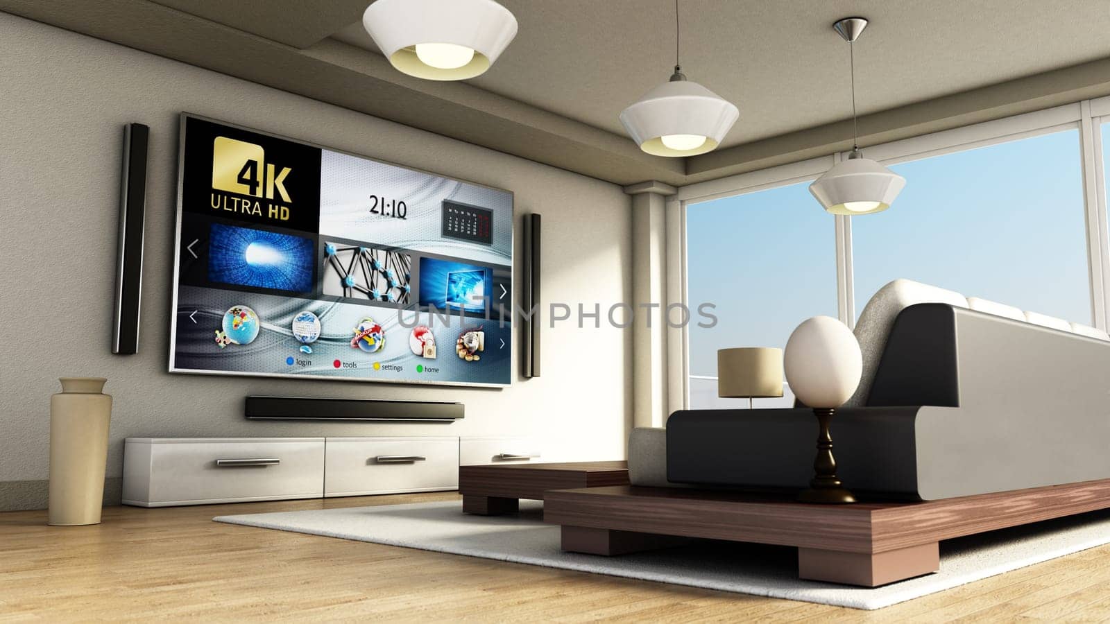 Modern 4K smart TV room with large windows and parquet floor. 3D illustration.