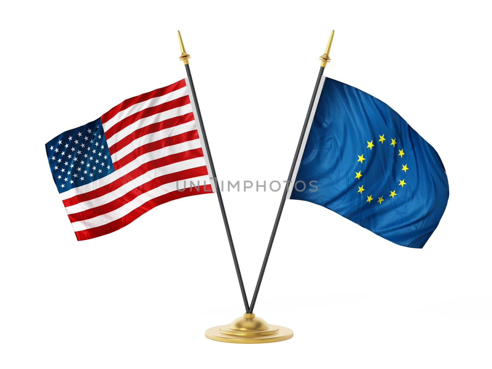 United States of America and European Union desktop flags. 3D illustration.