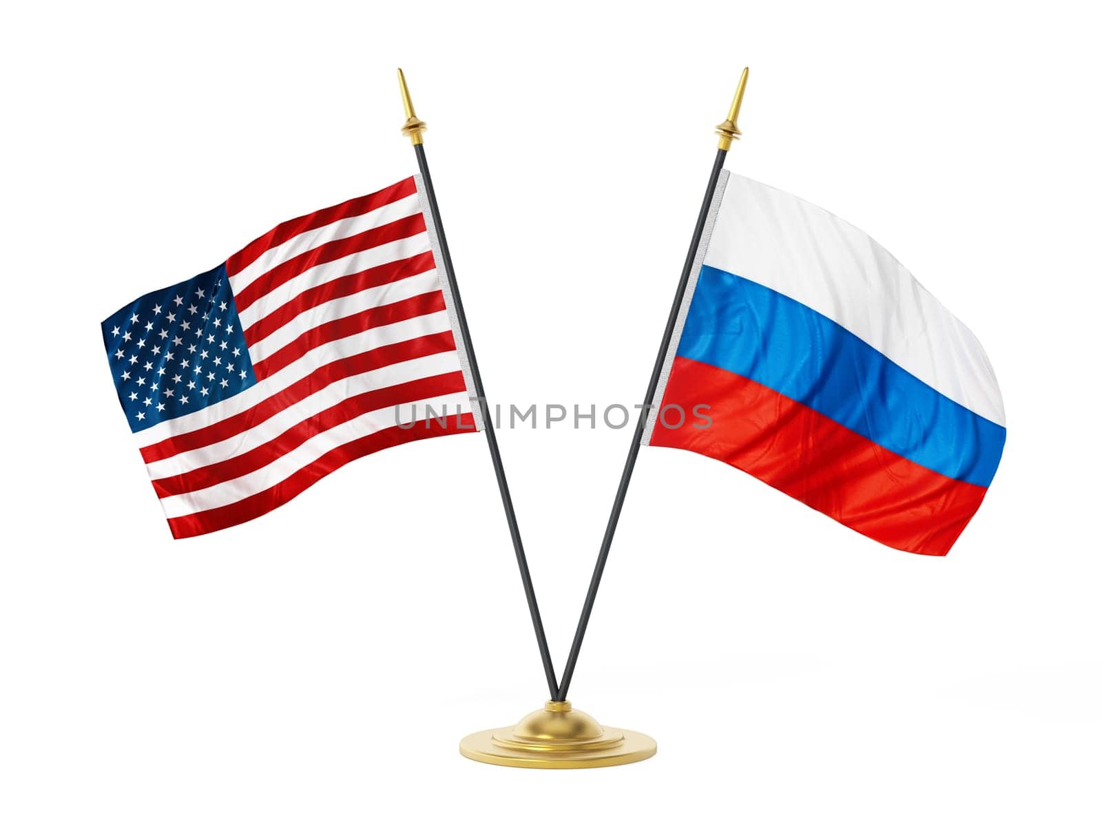 United States of America and Russia desktop flags. 3D illustration.