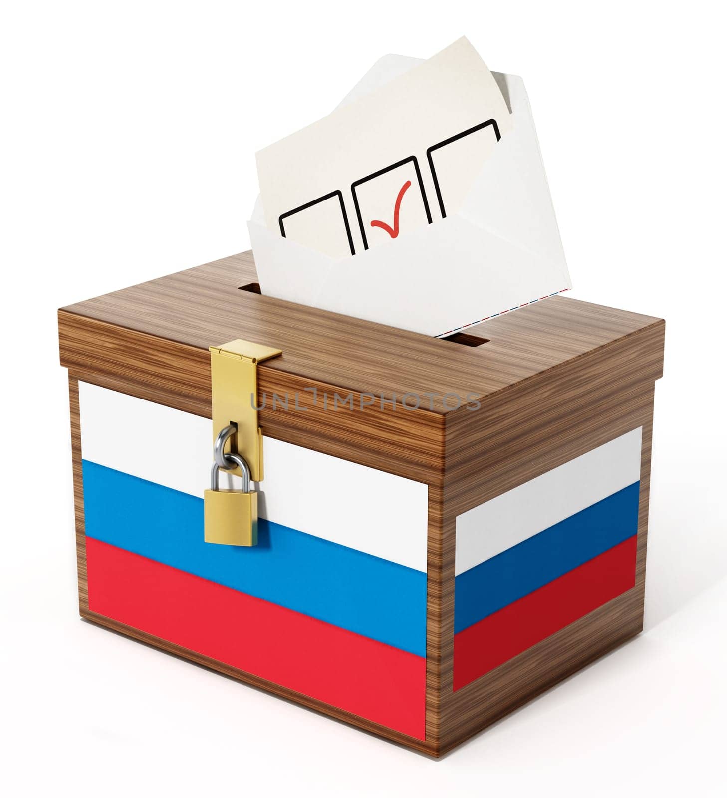 Russian flag textured ballot box and enveloppe. 3D illustration.