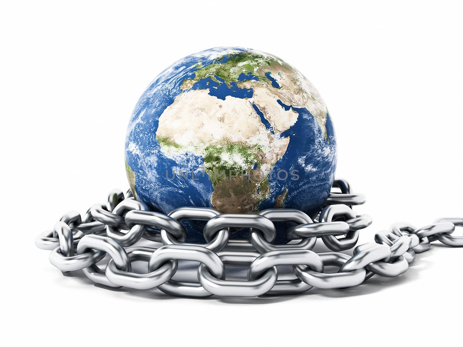 Earth tied with steel chain. 3D illustration.