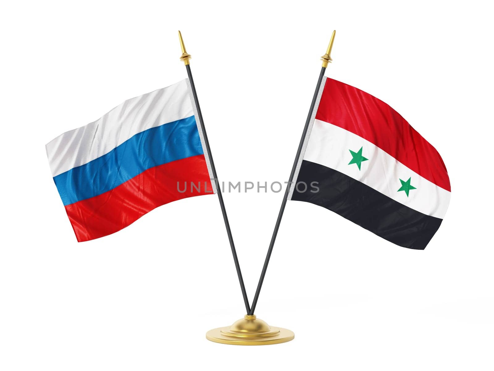 Russia and Syria desktop flags. 3D illustration.