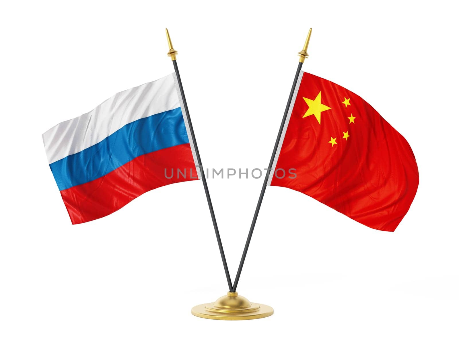 Russia and China desktop flags. 3D illustration.