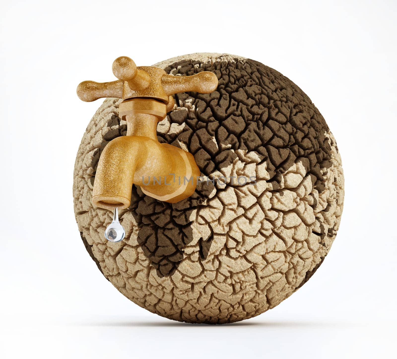 Faucet on deserted earth with cracked soil. 3D illustration.