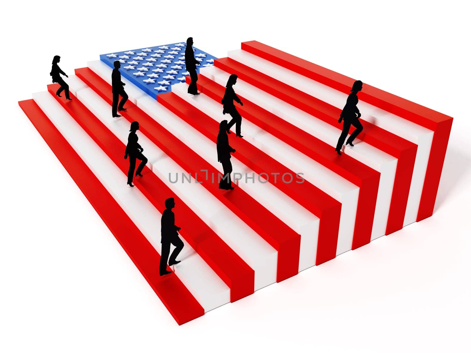 American flag with stripes arranged as ladders. 3D illustration.
