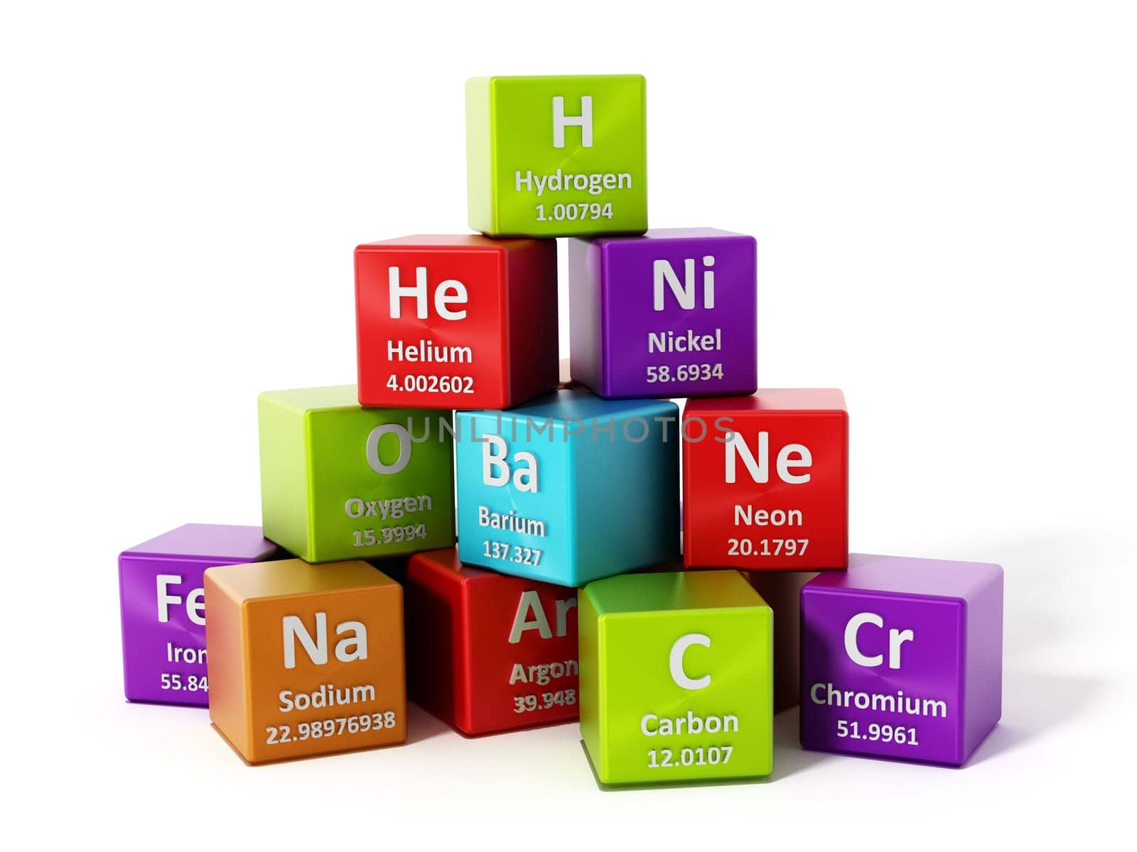 Periodic table elements isolated on white background. 3D illustration.