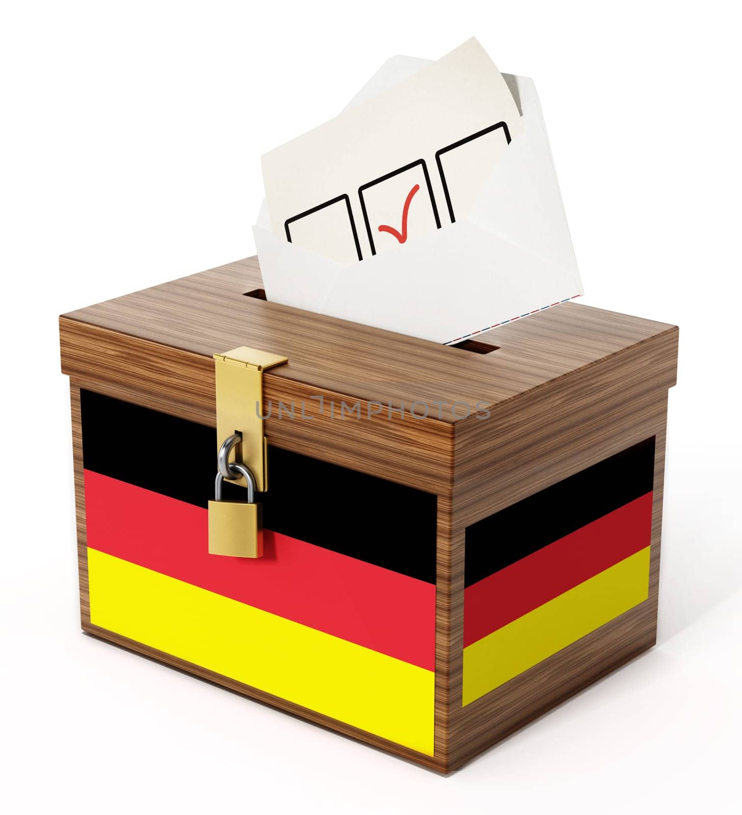 German flag textured ballot box and enveloppe. 3D illustration.