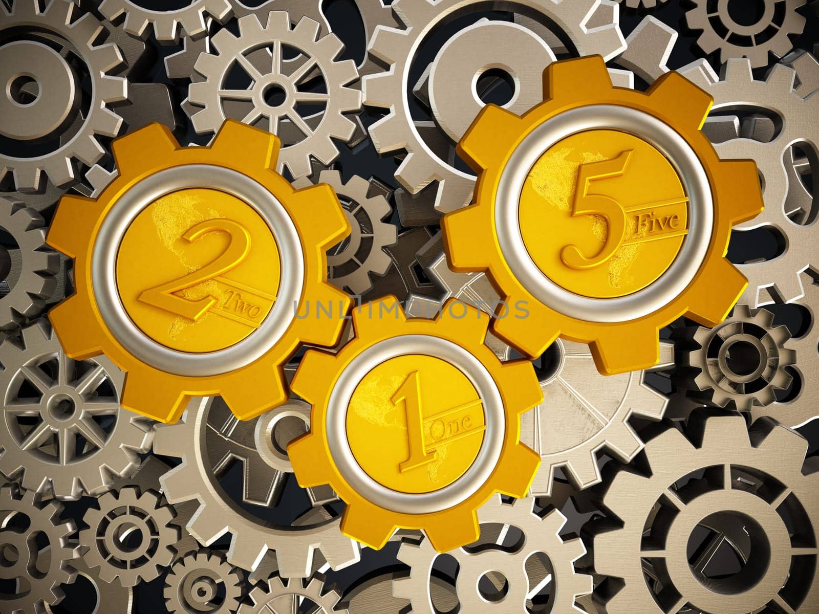 Wheel shaped gold coins with numbers 1, 2 and 5 in motion. 3D illustration.