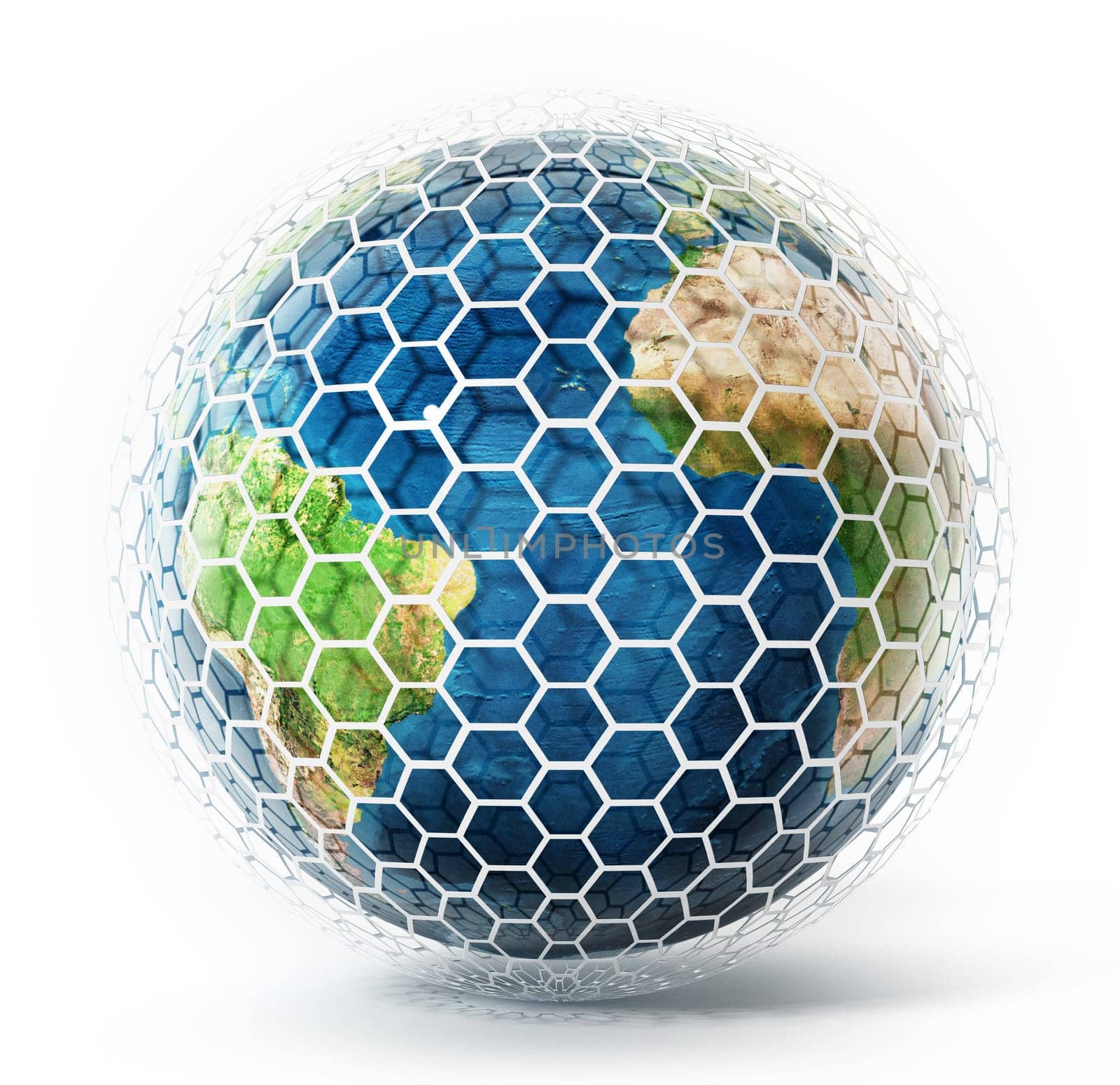 Earth covered with hexagonal tiles. 3D illustration.