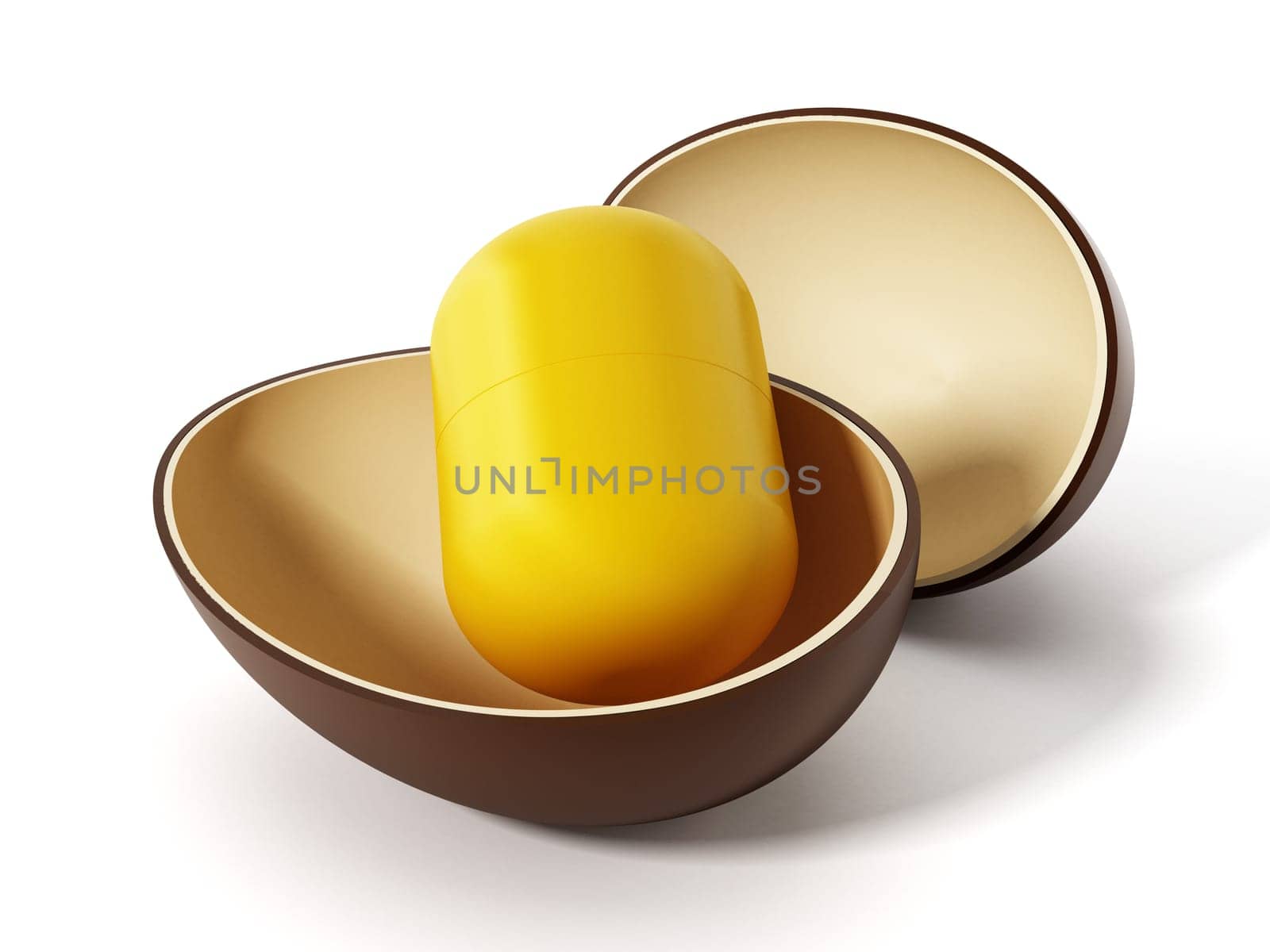 Open egg surprise with yellow capsule. 3D illustration.