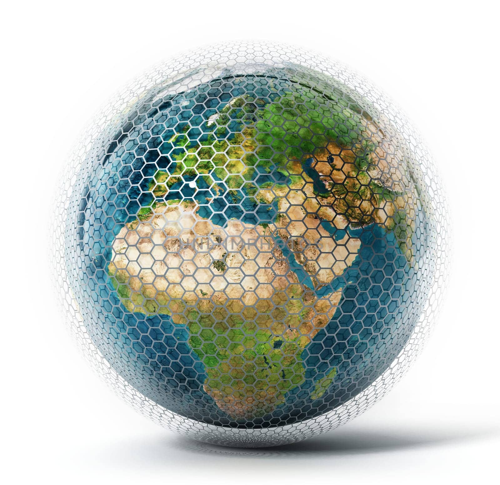 Earth covered with hexagonal tiles. 3D illustration.
