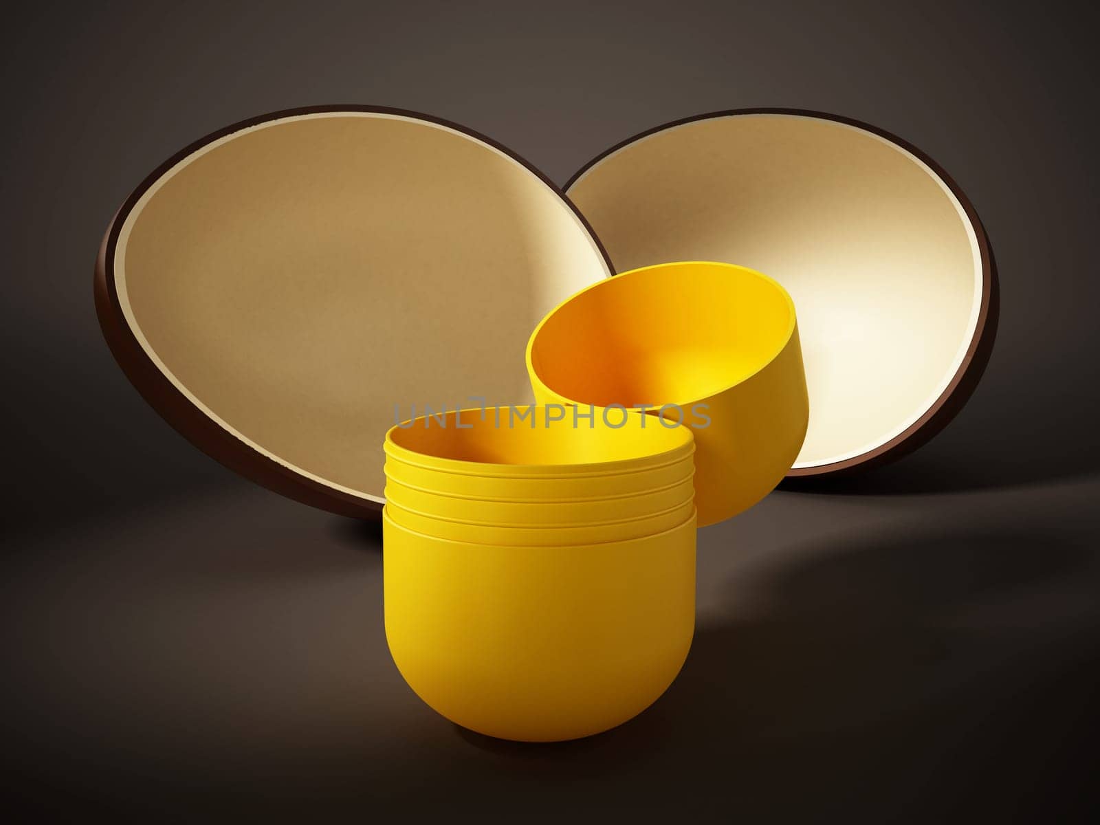 Open egg surprise with yellow capsule. 3D illustration.
