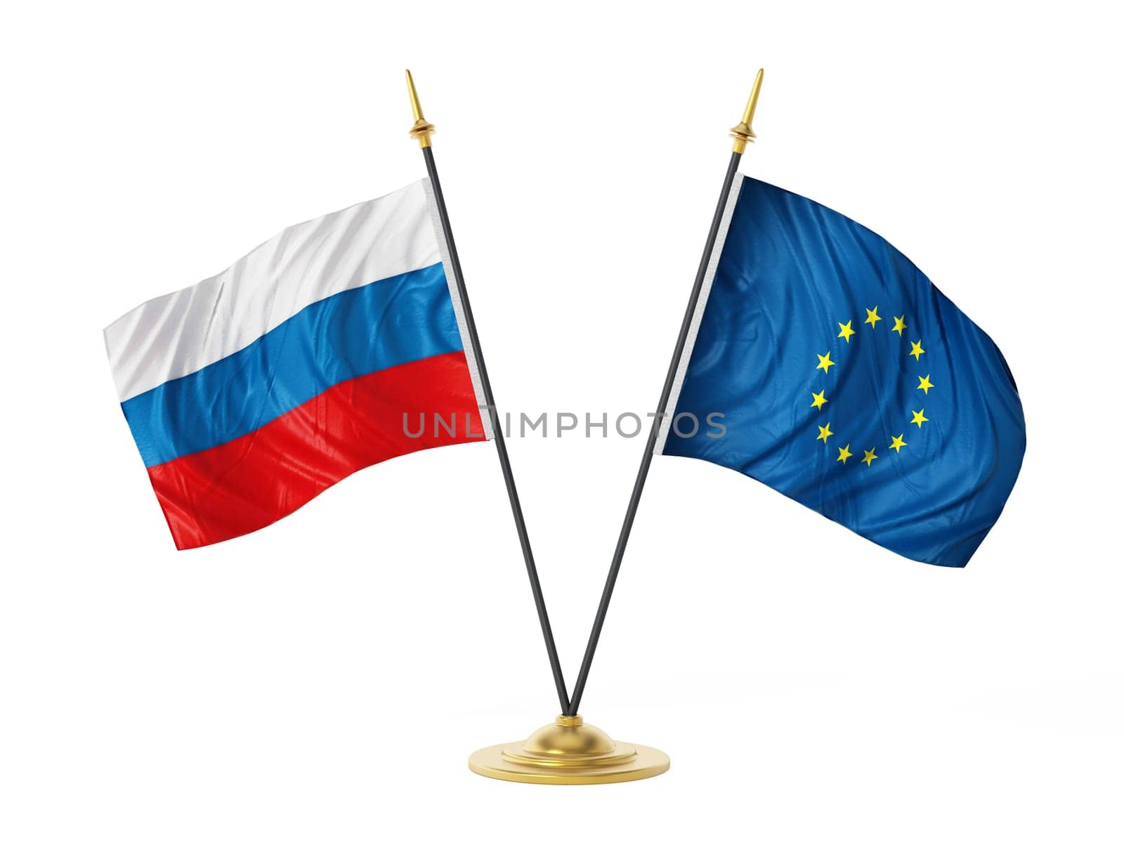 Russia and European Union desktop flags. 3D illustration.