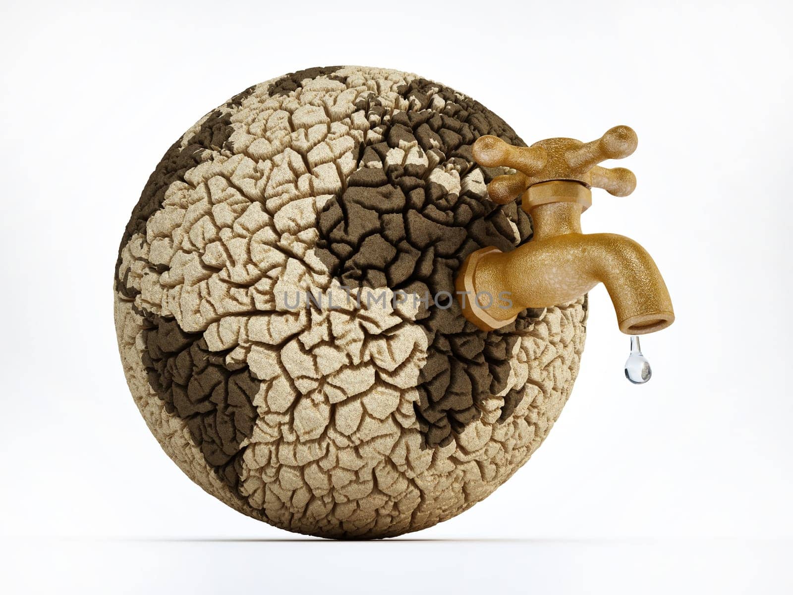 Faucet on deserted earth with cracked soil. 3D illustration.