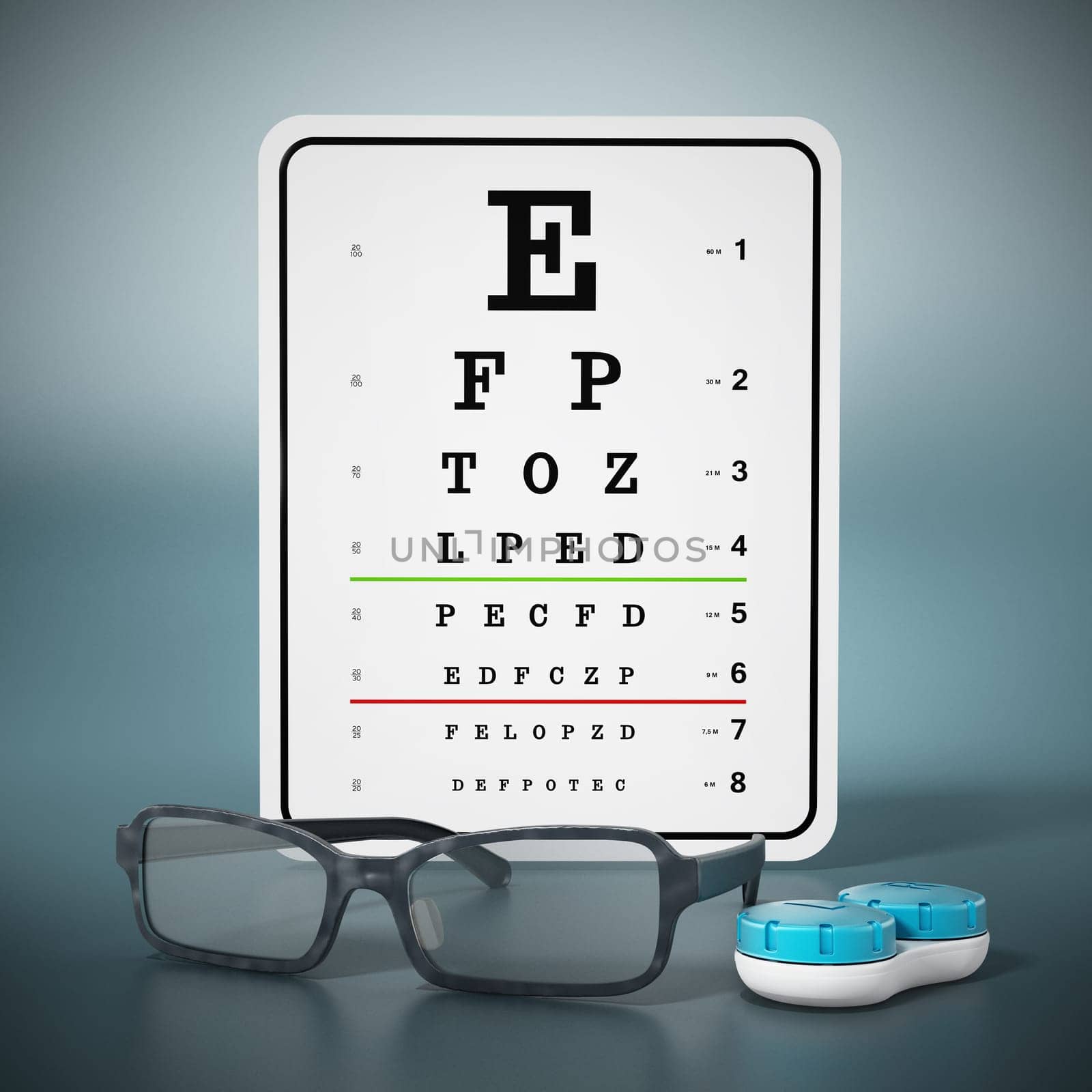 Eye test chart, eyeglasses and contact lens box. 3D illustration.