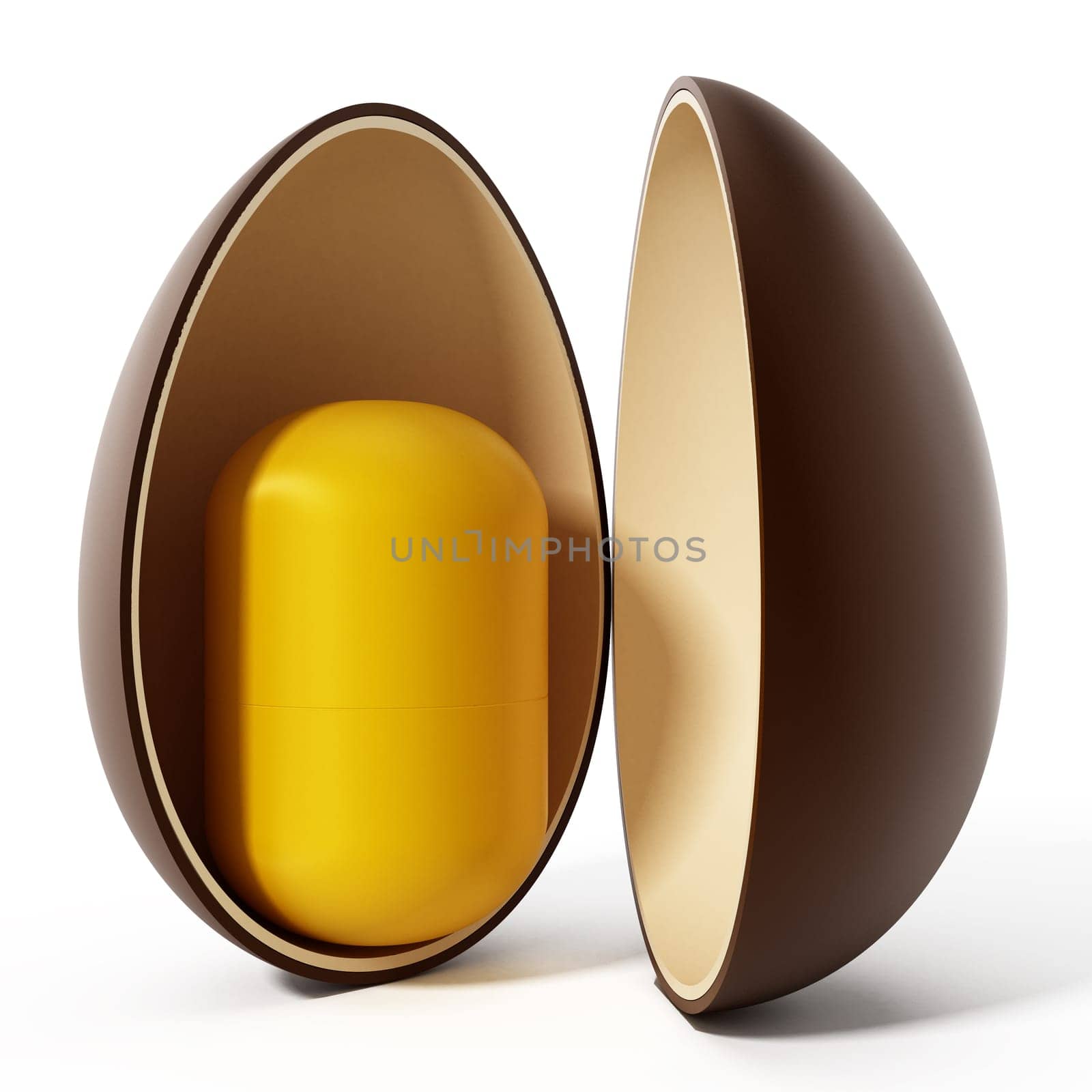 Open egg surprise with yellow capsule. 3D illustration.