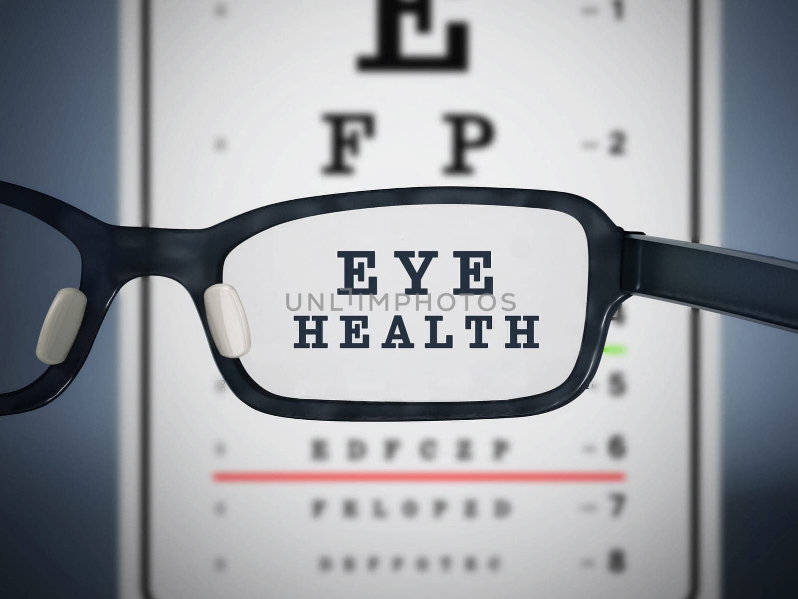 Eye test chart and eyeglasses. 3D illustration.
