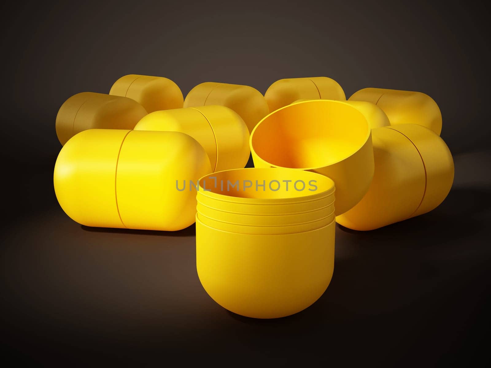 Yellow egg surprise capsules on dark background. 3D illustration.